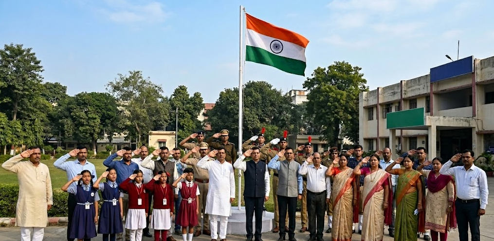 People saluting Flag and singing national Anthem