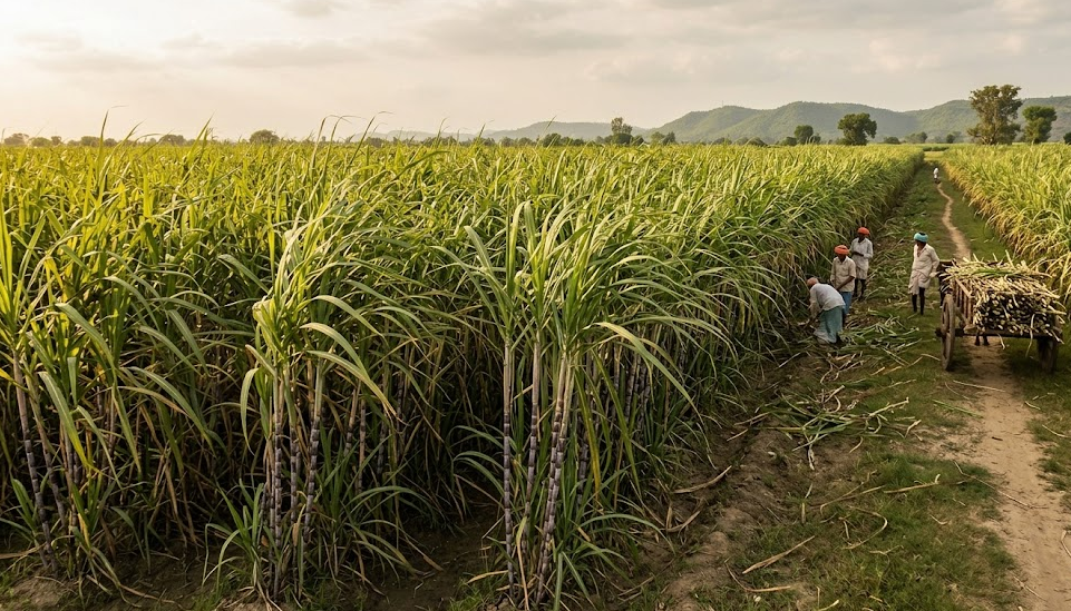 Sugarcane Field and Farmer on their way